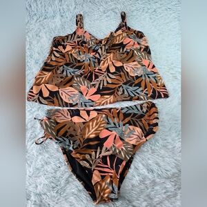 Aqua Couture Tropical Leaf Tankini Bikini Set Top 2X Bottoms 1X